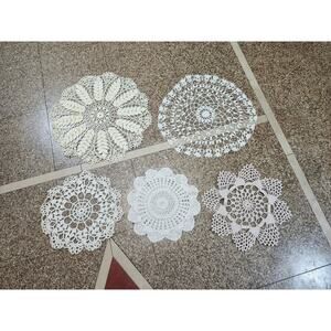 5 Beige/Tan Hand Crocheted Elegant Round Doilies Table Topper Mat Handmade